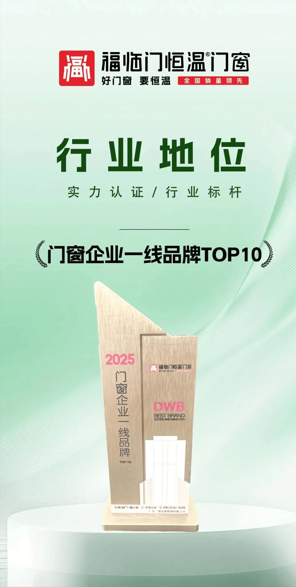 【福榮譽】福臨門恆溫門窗榮登2025年度中國門窗企業一線品牌TOP10
