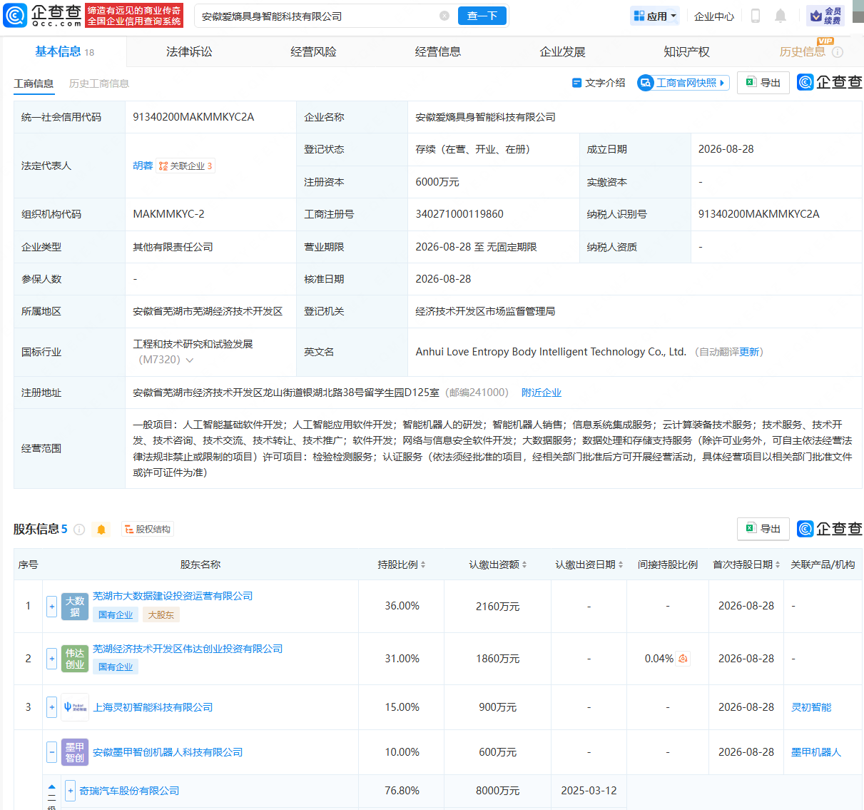 奇瑞汽車等成立具身智慧科技公司