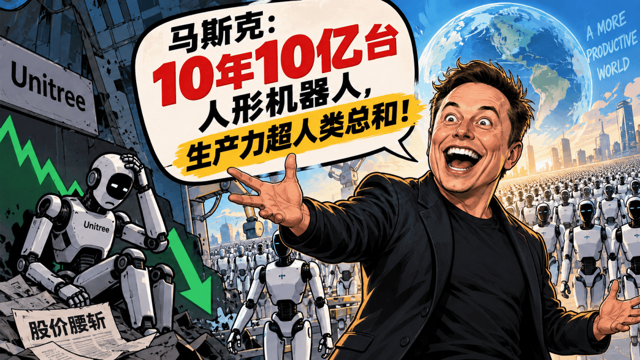 原創宇樹股價腰斬！馬斯克隔空喊話：未來10年10億臺人形機器人，生產力超人類總和！